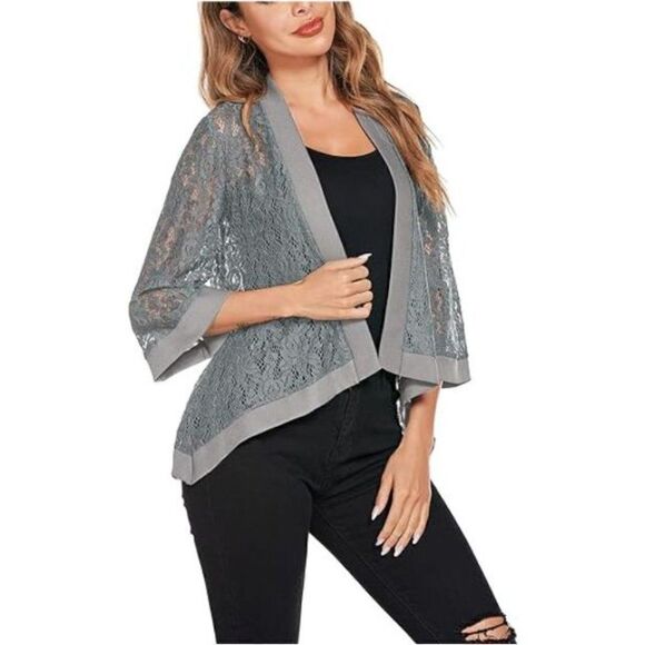 Women's Lace Cardigan Lightweight 3 /4 Sleeve Dressy Grey, Medium - Picture 2 of 5